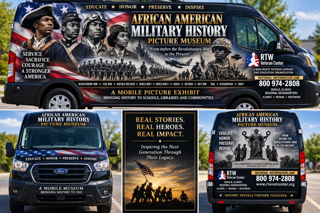 Concept artwork for a wrapped African American Military History Picture Museum van, showing side, front and rear views